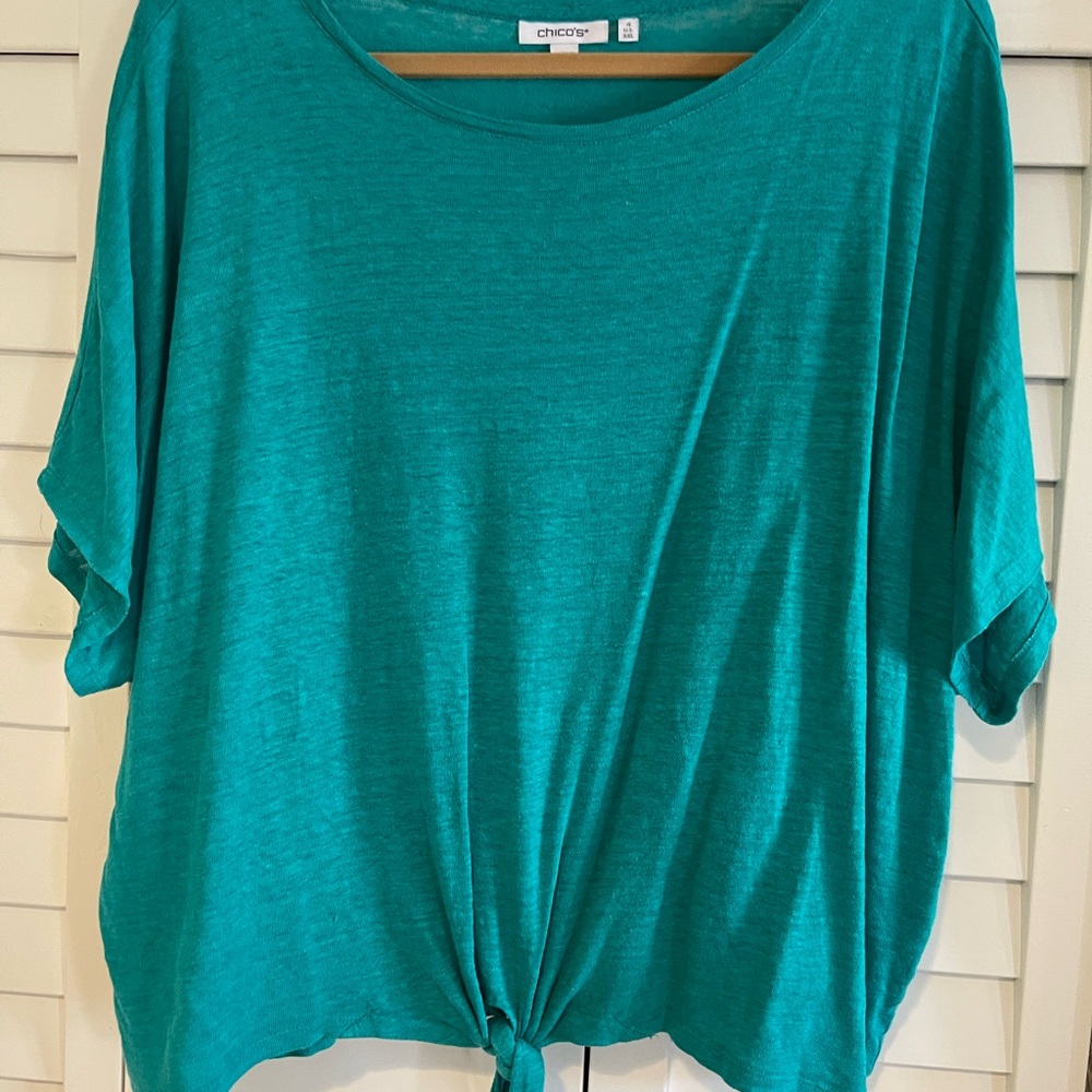Chico's Teal Green Linen Short-Sleeve Tie-Hem Top size 4